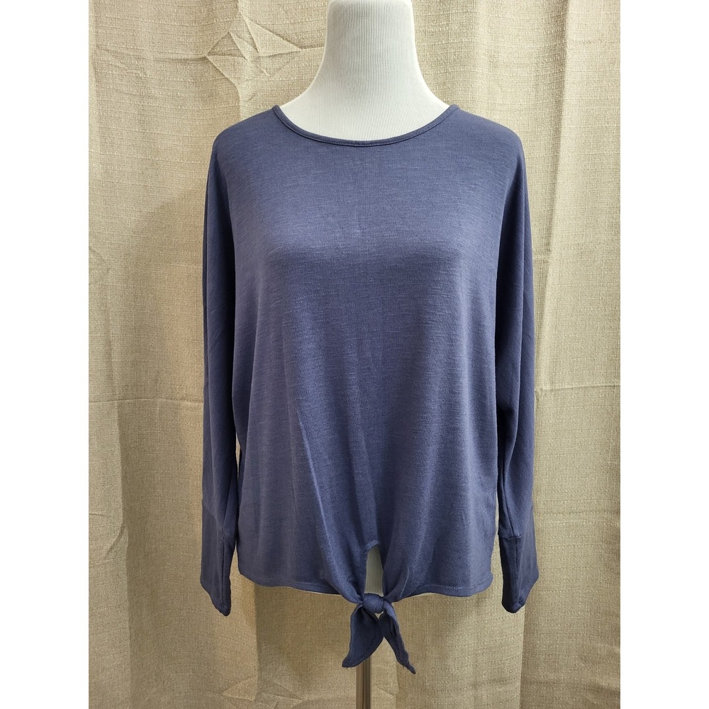 A. Byer Womens Large Dusty Blue Tie Front Long Sleeve Knit Top Crew Neck